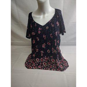 SirenLy blue blouse with lined flowers size L petites